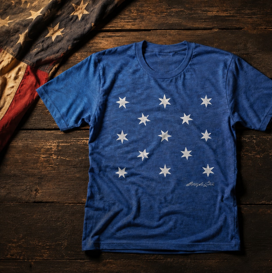 1776 United Fan Favorites, the Betsy Ross stars tee laid flat on dark wood beside an American flag